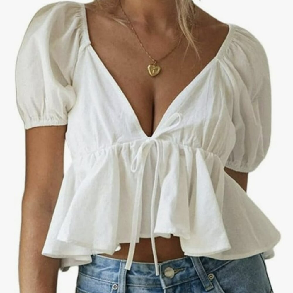 Remidoo Women's Short Sleeve Tie Up Back Crop Top Deep V Neck Top NWT Size L